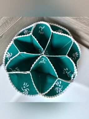VTG Green Cloth Bun Warmer / Server, White Floral Embroidery, Snaps, Rickrack